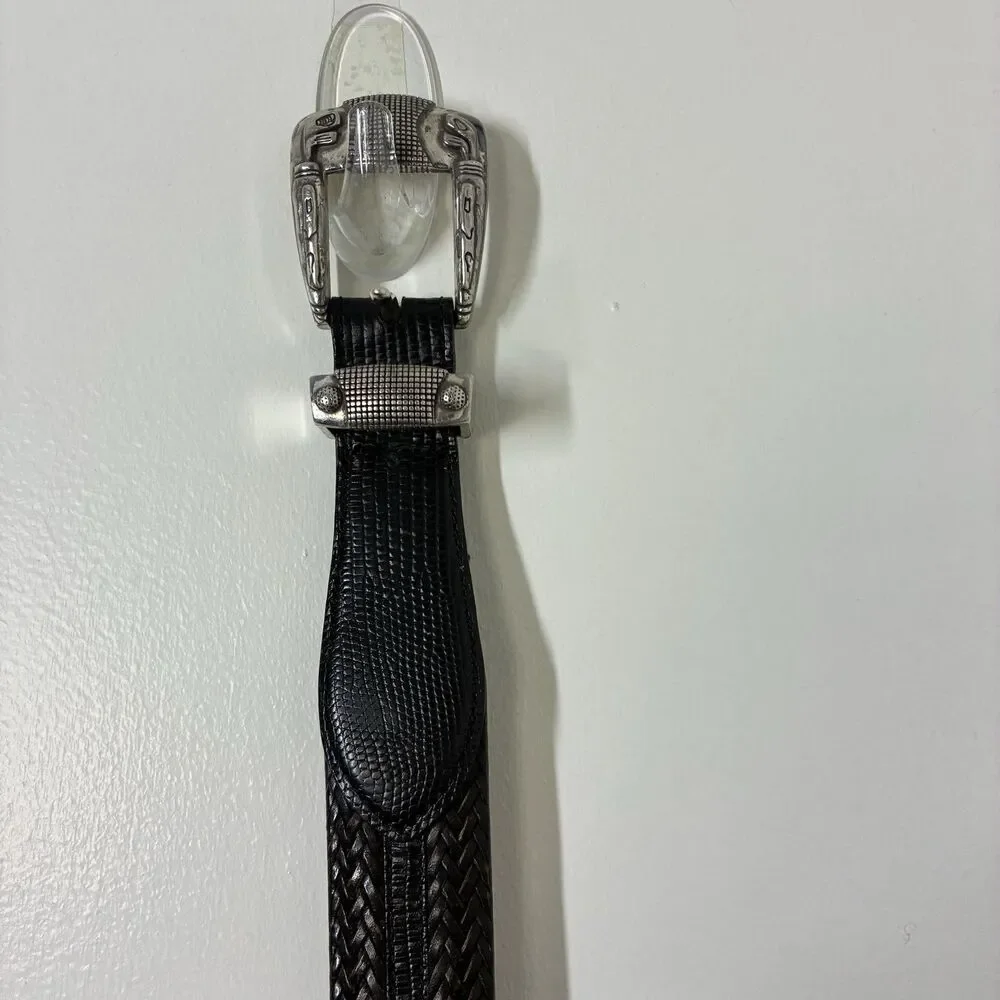 Brighton Leather Belt Mens 38 Black Braided Woven Western Silver Buckle Onyx
